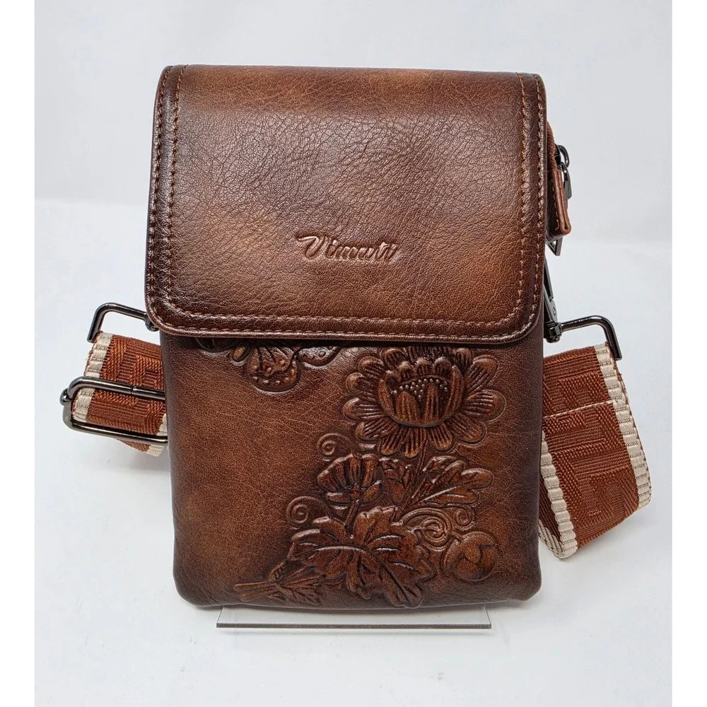 Vimutti Brown Floral Embossed Crossbody Phone Bag Vegan Leather Guitar Strap